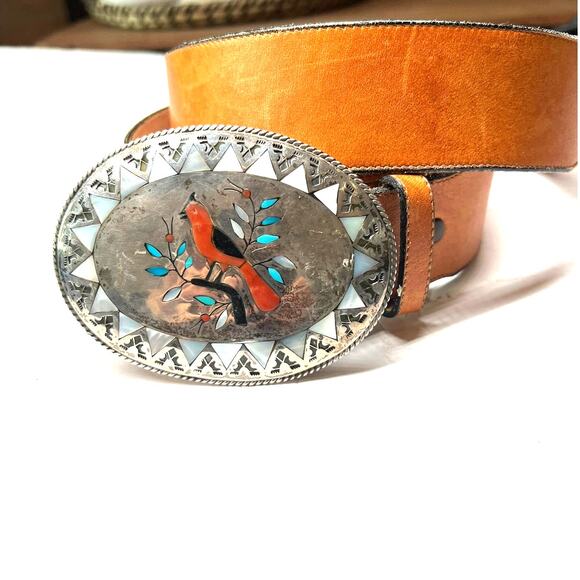 Tony Lama Accessories - Zuni Cardinal Inlay Belt & Buckle  Silver Edaakie Tony Lama Pearl Turquoise L
